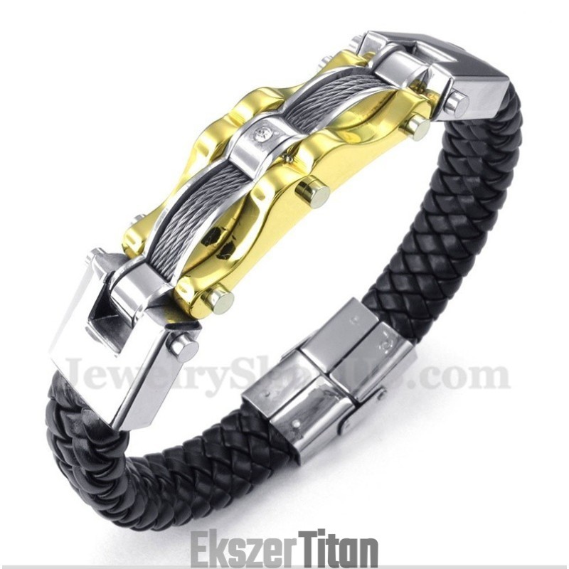 Férfi Titán Arany Kábeles Bőr Karkötő
